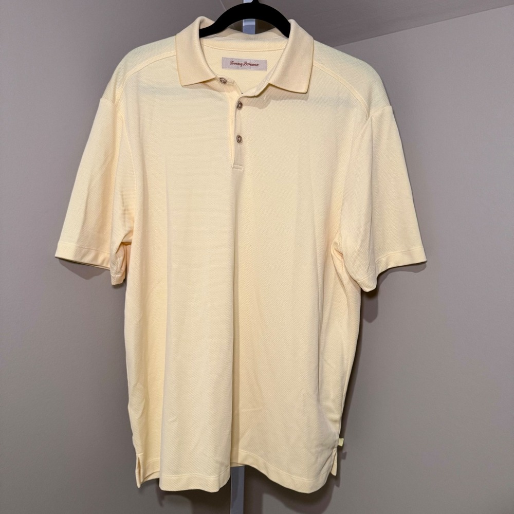 Tommy Bahama‎ Mens Yellow Textured Polo Shirt Size M Medium Short Sleeve